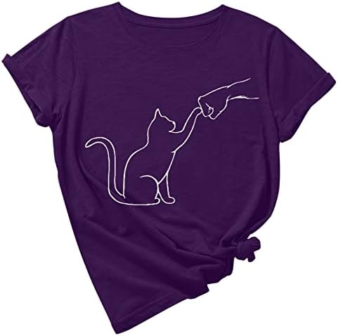 Bayan Üstleri Yaz 2022 Gümrükleme-Bayan yazlık gömlek Gevşek Yuvarlak Boyun Sevimli Kedi Baskı Kısa Kollu Üst T-Shirt