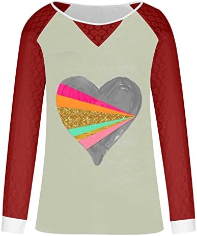 Kadın sevgililer Günü Gömlek Dantel Uzun Kollu Ekleme Tişörtü Kalp Renkli Baskılı Crewneck Bluz Tops