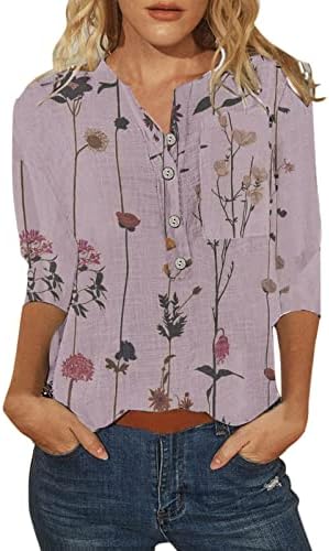 Bayan Rahat Moda Çiçek Baskı Düğmeleri O Boyun Üç Çeyrek Kollu Üstleri T Shirt Bluz Bayan Kısa Kollu