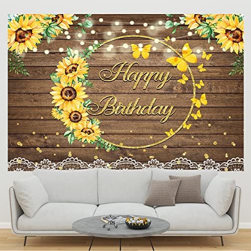 Ticuenicoa 6×4ft kızlar ayçiçeği mutlu doğum günü zemin Kahverengi ahşap kelebek ayçiçeği arka plan altın nokta ışıkları