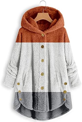Kış Gevşek Polar Hoodies Kadınlar için Artı Boyutu Uzun Kollu Düğme Aşağı Bulanık Hırka Moda Renk Bloğu Peluş kapüşonlu ceket