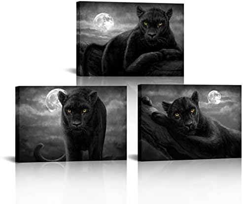 sechars 3 Parça Panter Tuval Duvar Sanatı Siyah ve Beyaz Hayvan ve Dolunay Boyama Resim Baskı Modern Yaban Hayatı Leopar