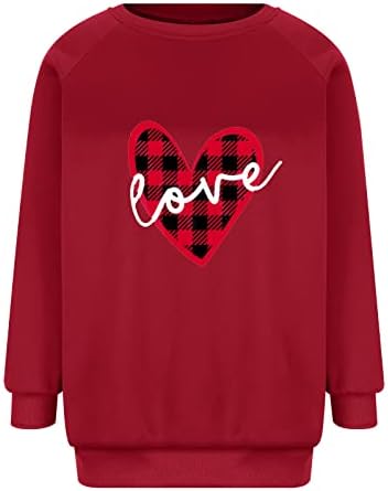 Sevgililer Günü Gömlek kadın Rahat Uzun Kollu T Shirt Komik Ekose Aşk Kalp Grafik Tişörtü Crewneck Kazak Tops