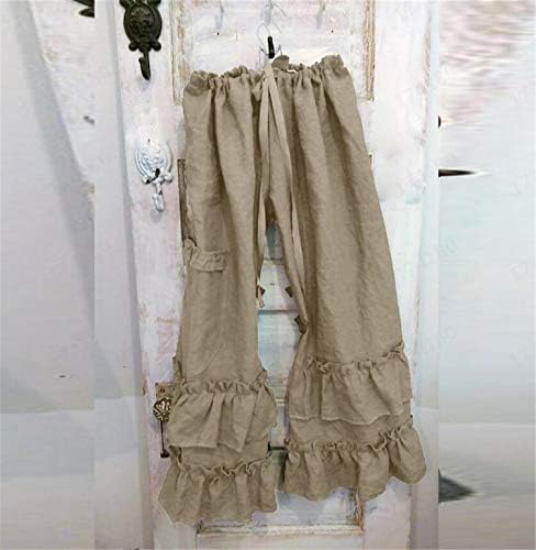 Bayan Casual Ruffled Gevşek Cep Pantolon Artı Boyutu Pamuk Keten Kıvrımlar Pantolon Geniş Bacak Düz Renk Hem Elastik Belli