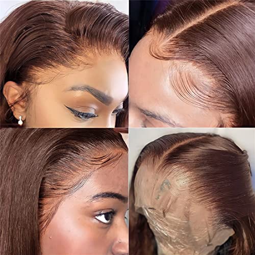 AHUFALU kahverengi insan saçı dantel ön peruk 13×4 HD dantel ön peruk insan saçı bebek saçı ile önceden koparılmış 4 kahverengi