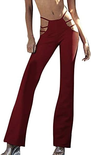 DSODAN Kadınlar Yüksek Çan Dipli Pantolon Düz Renk Elastik Bel Strappy Flare Pantolon Rahat Kesme Geniş Bacak Sweatpants