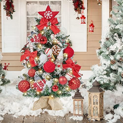 WBHome 1.8 Ayaklar Önceden aydınlatılmış Dekore Masa Noel Ağacı, Çam kozalakları ile kırmızı beyaz Süs Süslemeleri, kar akın