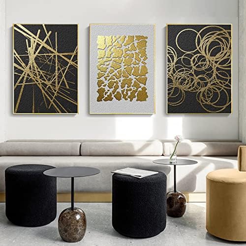 Soyut Siyah ve Altın Duvar Sanatı Altın Folyo Tuval Boyama Siyah Beyaz ve Altın Resimleri Daire Şekilli Büyük Tuval Duvar