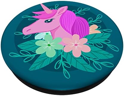 Sevimli Tek Boynuzlu At ve Çiçek Arka Plan Renkli Desen PopSockets Değiştirilebilir PopGrip