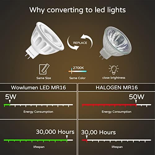 WOWLUMEN MR16 LED Ampul Kısılabilir 6 Paket,50 W Halojen Değiştirme, 2700 K Sıcak Beyaz GU5. 3 Bi-Pin Tabanı, 40 Derece dar