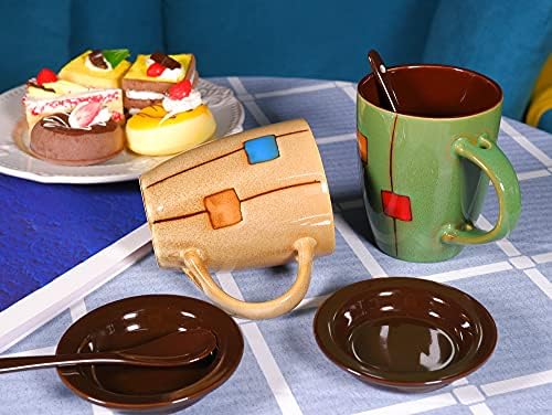 12 Oz El Boyalı Kahve Kupa Seti (2'li Set),Kapaklı ve Kaşıklı Benzersiz Retro Seramik Çay Bardağı, Mikrodalga ve Bulaşık