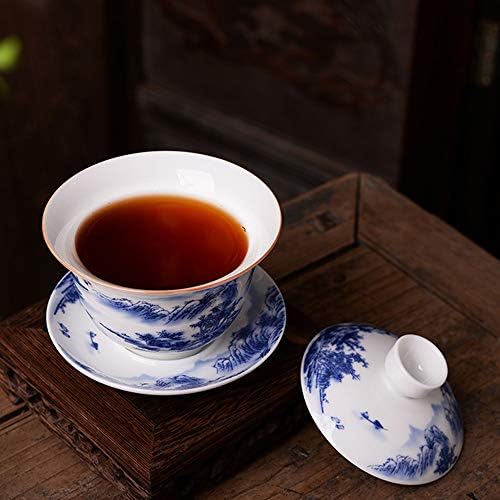 Jingdezhen Çin Gaiwan El Yapımı 6.3 oz / 180 ml Dağ Tarzı Çin Mavi ve Beyaz Porselen Gaiwan Kung Fu Çay Fincanı Geleneksel