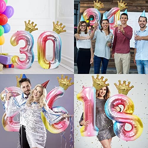 Falliny 40 İnç Gökkuşağı Numarası 3 Balonlar ile Ayrılabilir Taç Folyo Helyum Dijital Renkli Parti Doğum Günü Süslemeleri
