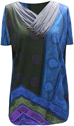 Yaz Üstleri kadın Düğme Pilili V Boyun Bluzlar Renk Bloğu Patchwork Bluz Üst Kısa Kollu Yaz T Shirt