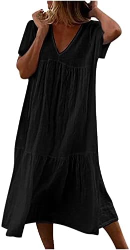 Yaz elbisesi Kadınlar için 2023 Casual Katı V Boyun Kısa Kollu Elbise Gizlemek Göbek Gevşek Midi Kaftan Elbise