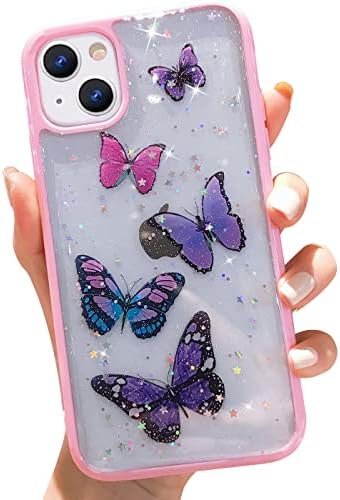 wzjgzdly Kelebek Bling Şeffaf Kılıf iPhone 13 ile uyumlu, Kadınlar için Glitter Kılıf Sevimli İnce Yumuşak Kaymaz Koruyucu