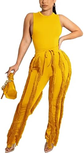 IyMoo İki Parçalı Kıyafetler Kadınlar için Uzun Kollu Kolsuz Tankı Üstleri Saçak Püskül Şort Uzun pantolon seti Clubwear