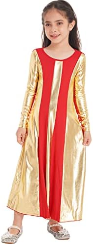 Oyolan Kızlar Metalik Altın İbadet Övgü Dans Elbise Liturjik Uzun Kollu Gevşek Tam Boy Lirik Elbise