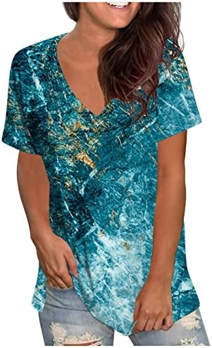 Bayan Yaz Üstleri Gevşek V Boyun T Shirt Y2K Rahat Şık Hawaiian Bluzlar Kısa Kollu 3D Mermer Doku Baskı Tees