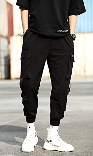 Ambcol erkek koşucu pantolonu Streetwear Techwear Hip Hop harem pantolon Taktik eşofman altları İpli Siyah - 09 Orta