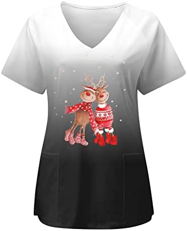 Noel Fırçalayın Üstleri Kadın Komik Kısa Kollu V Boyun İş Giysisi Degrade Sevimli Ren Geyiği Grafik Scrubs cepli gömlek