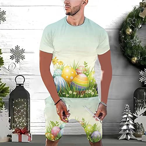 Paskalya Gömlek Setleri Erkekler için Moda Baskılı Grafik Tees En Kısa Kollu Casual Kazak ve Şort Takım Elbise Artı Boyutu