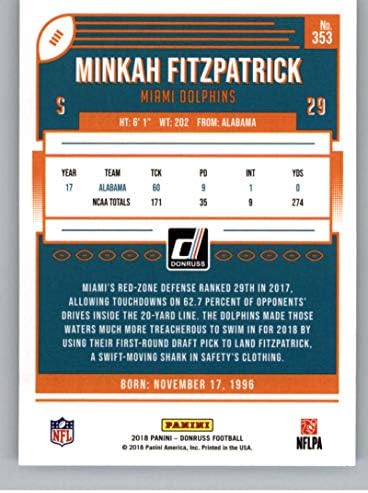 2018 Donruss Futbol 353 Minkah Fitzpatrick RC Çaylak Kartı Miami Dolphins Çaylak Resmi NFL Ticaret Kartı