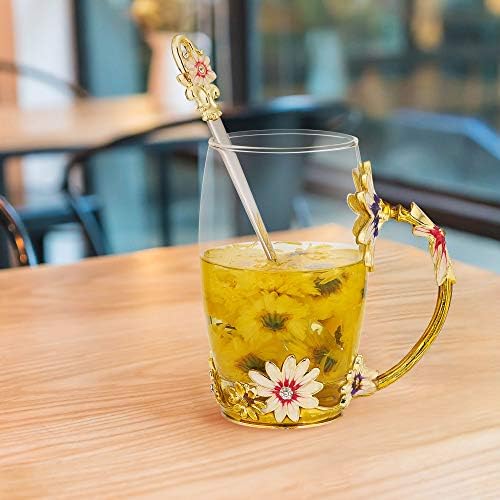 JLTPH Emaye Çiçek Cam Çay Bardağı, Kaşık Temizleme Bezi ile Temizle Kurşunsuz Kahve Kupaları, Kadınlar için Ayrıntılı Saplı