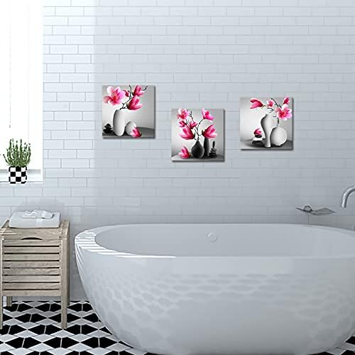 HOOHAA Banyo ıçin 3 Adet Çiçek Duvar Sanatı Zarif Manolya Resim Tuval Boyama Baskılar Modern Ev Dekor Zen Taşlar Bahar Çiçek