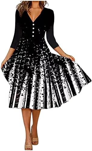 Baggy 3/4 Kollu Spor Elbise Kadınlar için Tatil Klasik V Yaka Elbise Dantelli Baskı İnce Yumuşak bir çizgi elbise