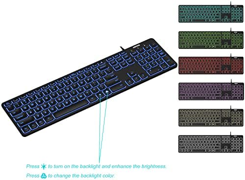 Arteck USB Kablolu Klavye Evrensel Arkadan Aydınlatmalı 7 Renk ve Ayarlanabilir Parlaklık Bilgisayar Masaüstü PC Dizüstü