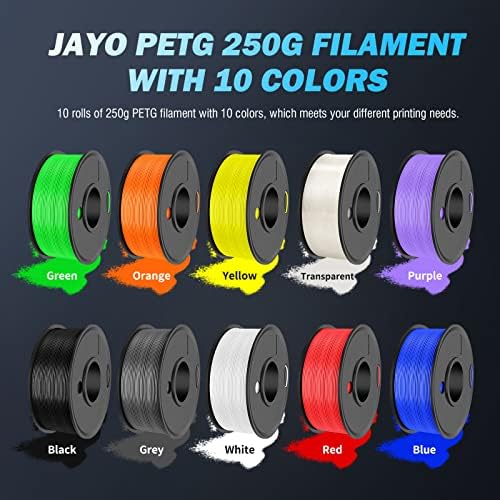 3D Yazıcı Filament Paketi Çok Renkli, JAYO PETG Filament 1.75 mm, Düzgünce Sarılmış Filament 2.5 kg, 250g Makara, 10 Paket,