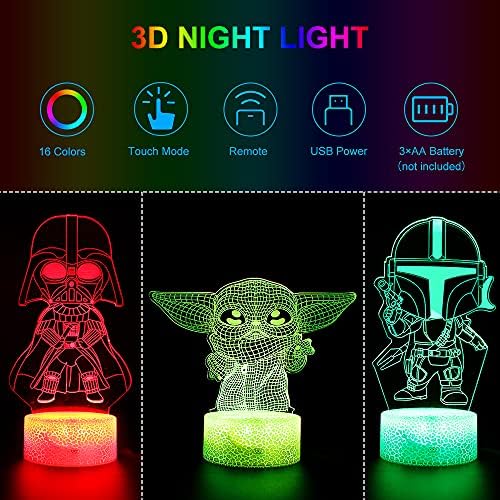 Çocuklar için 3D Illusion gece lambası, LED masa Lambası 3 Desen ve 16 Renk Değişimi Dekor gece Lambası, bebek Yoda/Darth
