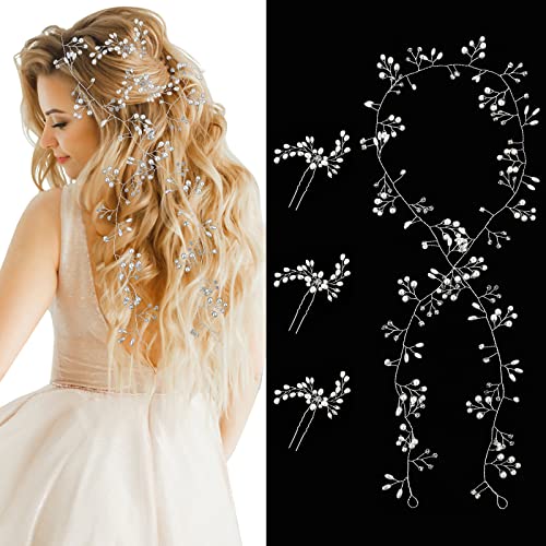 Lusofıe 1 Adet Ekstra Uzun Gelin Düğün Saç Sarmaşıklar Kristal İnciler Gelin Kafa Bandı ile 3 Adet Düğün saç tokası Gümüş