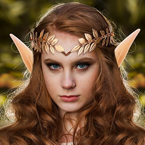 MOSTORY Altın Papatya Yaprağı Başlığı ile 2 Pairs Elf Kulaklar Set-El Yapımı Klasik Vintage Peri Prenses Kafa Bandı Altın