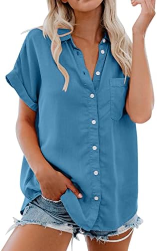 YUHAOTIN V Boyun T Shirt Kadınlar Için Gevşek Fit Aktif Artı Moda Bayan Kısa Kollu Cep Düğmesi Tee Gömlek Casual Yaz