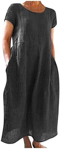 AMXYFBK kadın Yaz Düz Renk Kısa Kollu Ekip Boyun Elbiseler Gevşek Cep Pamuk Keten Elbise Düz Maxi Sundress