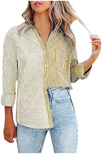 Çizgili T Shirt Kadınlar için Düğme Roll Up Uzun Kollu Üst Renk Blok Tunik Gömlek Çalışma Ofisi Resmi Bluz Tees