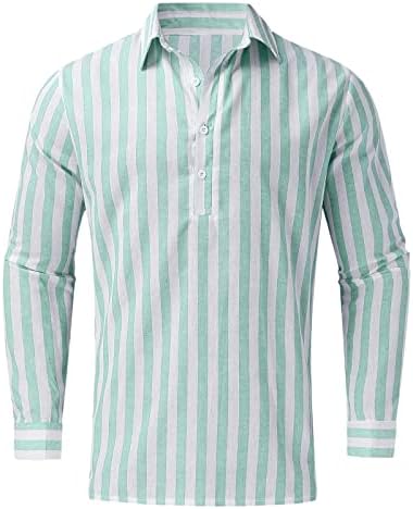 Erkek Moda Rahat Çizgili Keten Toka Yaka Uzun Kollu Gömlek Üst Bluz Casual Tee Gömlek