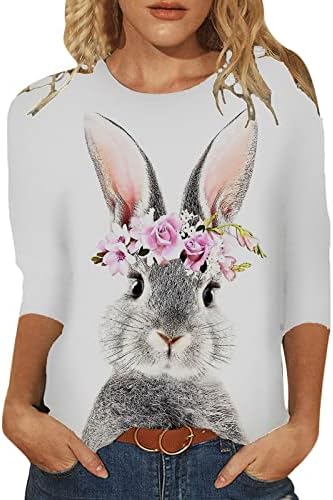 CGGMVCG Paskalya Gömlek Kadınlar için 3/4 Kollu Sevimli 3D Tavşan Baskı Üç Çeyrek Kollu Ekip Boyun Tişörtleri Paskalya Kadınlar