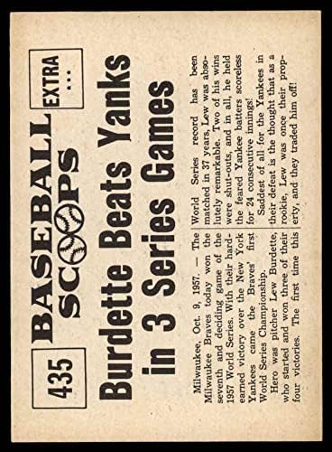 1961 Nu-Kart Kepçeleri 435 Yener Yankiler 3 Serisi Oyunlarda Lew Burdette Milwaukee Braves (Beyzbol Kartı) NM / MT Braves