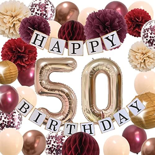 kadınlar için 50. Doğum Günü Süsleri-Gül Altın Muhteşem Şampanyalı Kadınlar için 50 Doğum Günü Malzemeleri bordo sonbahar