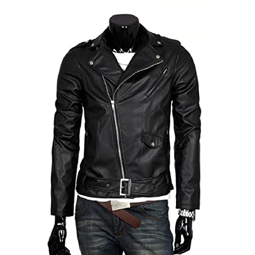 Erkek Suni Deri motosiklet ceketi Vintage Çentikli Yaka Pu Biker Ceket Asimetrik Fermuar İnce Dış Giyim Palto (Siyah, X-Large)