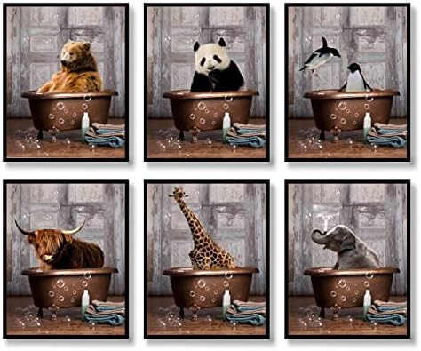 Banyo Duvar Sanatı Hayvan Baskılar Banyo Dekor 6 Set Tuval Posterler Resimleri Resimleri Banyo Yapıt Duvar Siyah ve Beyaz