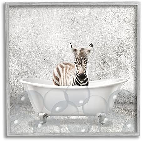 Stupell Industries Bebek Zebra Banyo Zamanı Sevimli Hayvan, Tasarım Kimberly Allen Gri Çerçeveli Duvar Sanatı, 24 x 24, Gri
