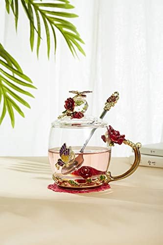 Çiçek çay Fincanı Şeffaf Cam Çay Fincanı, (Kaşık + Kapaklı) , Süslü çay fincanları, çiçek çayı Bardak, çay bardağı Hediye,