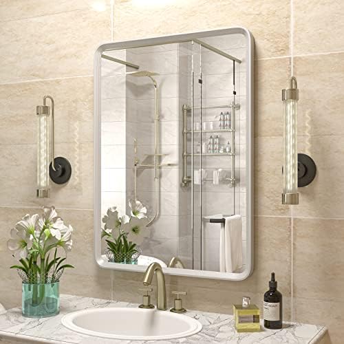 GOLOMO 16x20 İnç Gümüş Banyo Aynası Duvar, Fırçalanmış Gümüş Metal Çerçeveli Ayna, Yuvarlak Dikdörtgen Banyo makyaj aynası,