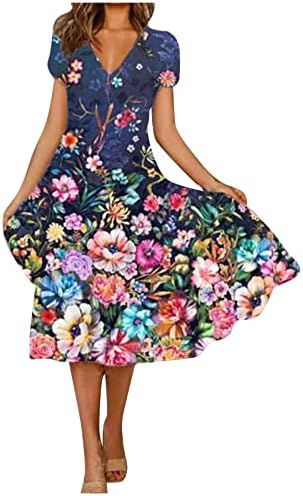 ADSSDQ kadın Elbise Yaz Rahat Moda Gevşek Midi Etek Çiçek Baskı Kısa Kollu V Yaka Büyük askı elbise