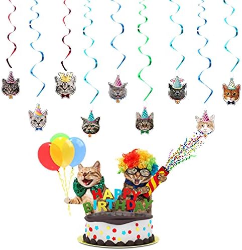 OBSGUMU Kedi Parti Dekorasyon Seti (47 Adet), 14 Adet Kedi Yüzleri Doğum Günü Afiş Doğum Günü Kedi Çelenk,24 Adet Kedi Kek