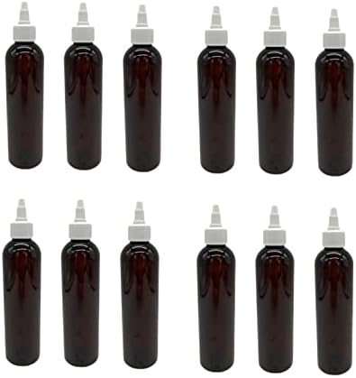8 oz Amber Cosmo Plastik Şişeler -12 Paket Boş Şişe Doldurulabilir-BPA İçermez-Uçucu Yağlar-Aromaterapi / Beyaz Bükümlü Üst